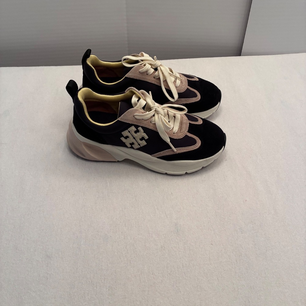 Tory Burch Good Luck Trainer Sneakers Black Cream Suede Logo 83833 Womens 7M